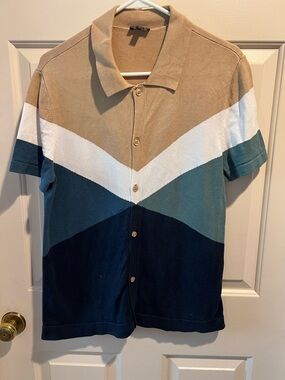 Express Short-Sleeve Colorblock Polo - Tan/White/Teal/Navy